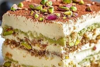 Verrine de tiramisu à la pistache avec couches de crème mascarpone verte, biscuits imbibés et éclats de pistaches sur le dessus.