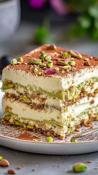 Verrine de tiramisu à la pistache avec couches de crème mascarpone verte, biscuits imbibés et éclats de pistaches sur le dessus.