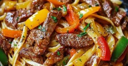 Assiette de nouilles sautées au bœuf avec poivrons rouges, jaunes et verts, oignon émincé et herbes fraîches, servie bien chaude dans un style asiatique gourmand.
