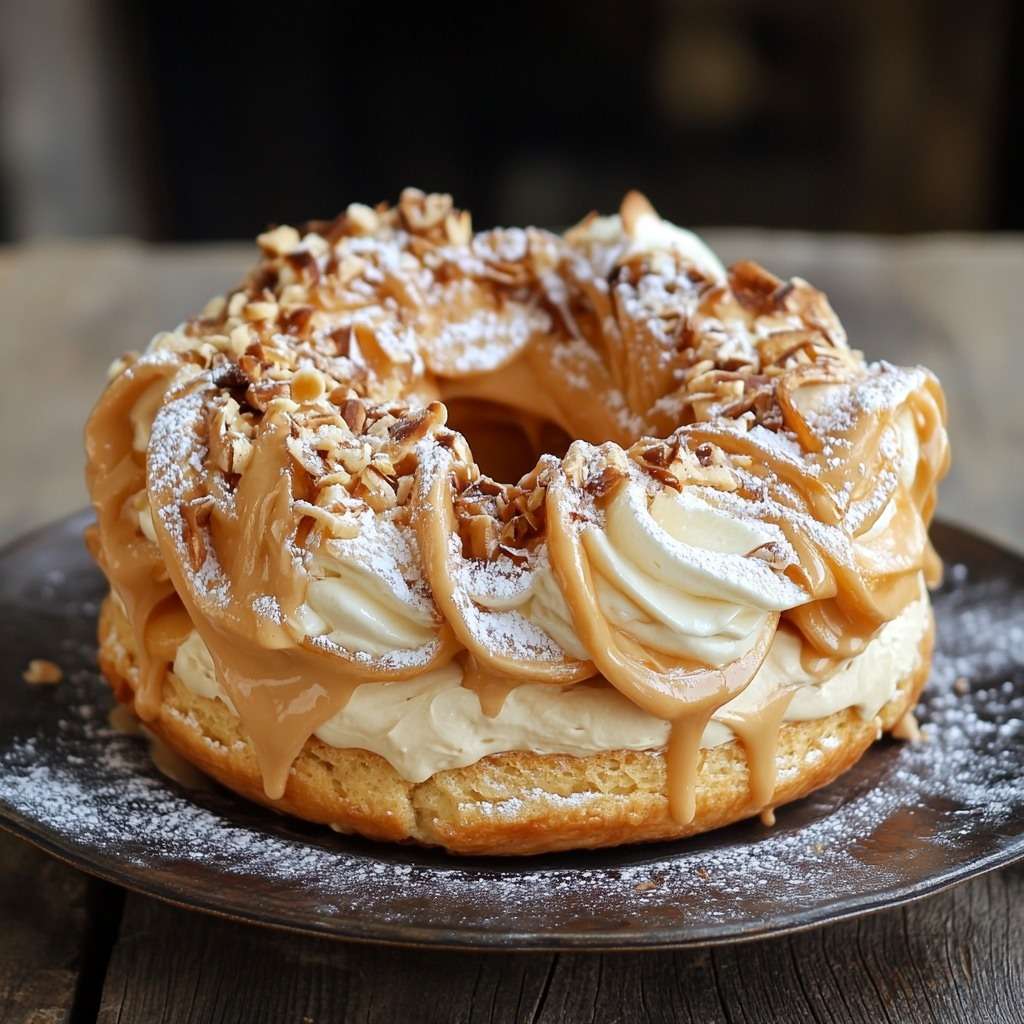 Paris-Brest traditionnel en couronne de pâte à choux dorée, garni d’une crème pralinée onctueuse et décoré d’amandes effilées et de sucre glace.
