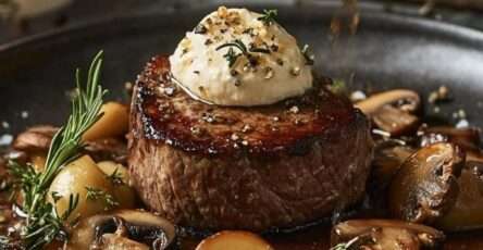 Filet mignon de porc nappé d’une sauce crémeuse au Boursin avec champignons de Paris dorés et persil frais, servi chaud dans une assiette gourmande.