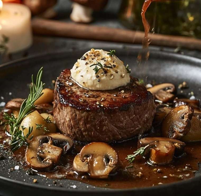 Filet mignon de porc nappé d’une sauce crémeuse au Boursin avec champignons de Paris dorés et persil frais, servi chaud dans une assiette gourmande.