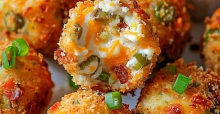 Boules croustillantes au fromage fondu, bacon grillé et jalapeños, dorées et servies chaudes avec une sauce d’accompagnement.
