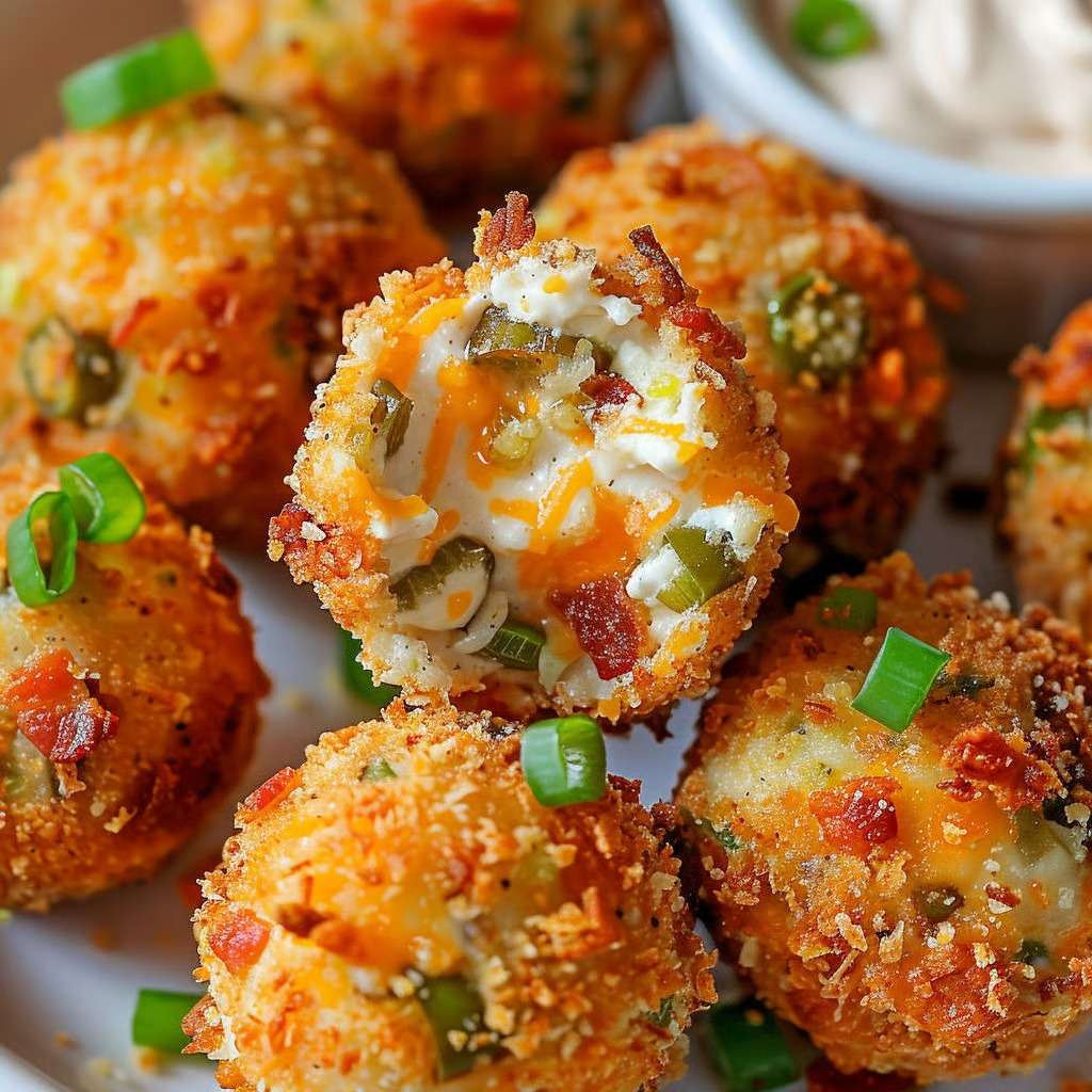 Boules croustillantes au fromage fondu, bacon grillé et jalapeños, dorées et servies chaudes avec une sauce d’accompagnement.