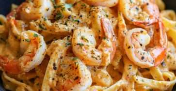 Assiette de pâtes crémeuses aux crevettes et chair de crabe, nappées d’une sauce cajun onctueuse avec persil frais et parmesan.