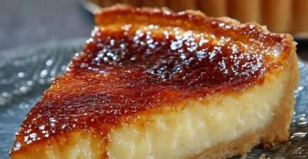 Tarte au flan grand-mère épaisse et crémeuse, avec une pâte croustillante et un dessus légèrement doré et caramélisé.