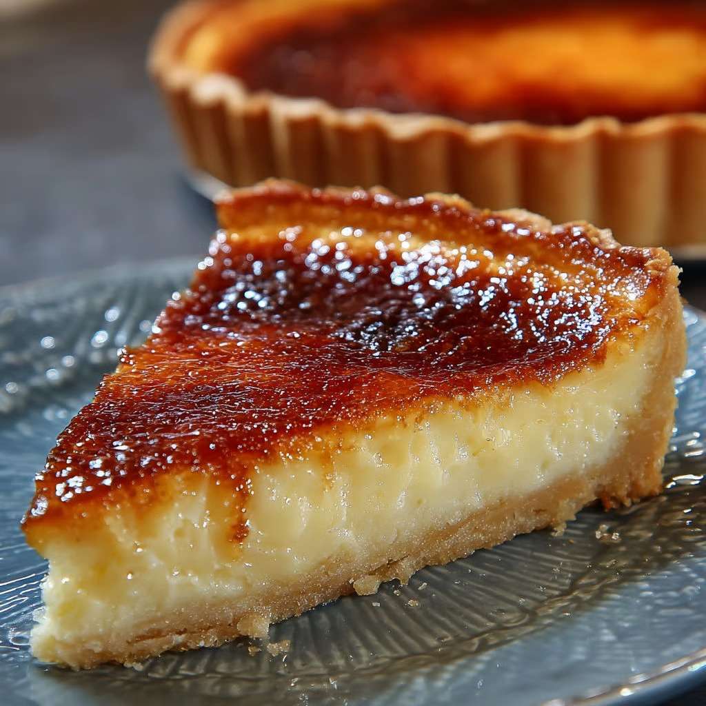 Tarte au flan grand-mère épaisse et crémeuse, avec une pâte croustillante et un dessus légèrement doré et caramélisé.