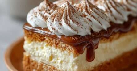 Gâteau petit beurre au café sans cuisson, composé de couches de biscuits imbibés et de crème mascarpone, avec un nappage chocolat ou cacao.