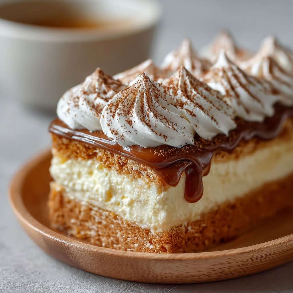 Gâteau petit beurre au café sans cuisson, composé de couches de biscuits imbibés et de crème mascarpone, avec un nappage chocolat ou cacao.