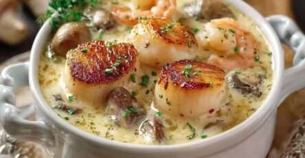 Cassolettes de noix de Saint-Jacques dorées avec crevettes et champignons, nappées d’une sauce crémeuse et gratinées au four.