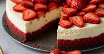 Cheesecake Red Velvet aux fraises avec base rouge velours moelleuse, crème cheesecake lisse, fraises fraîches sur le dessus et coulis de fraises brillant.
