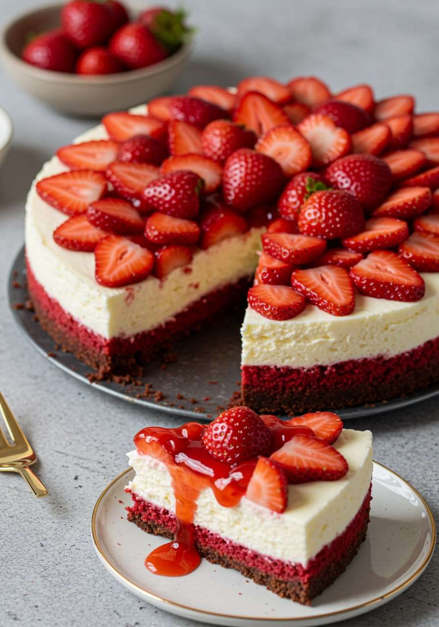 Cheesecake Red Velvet aux fraises avec base rouge velours moelleuse, crème cheesecake lisse, fraises fraîches sur le dessus et coulis de fraises brillant.