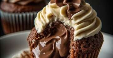Cupcake au chocolat au cœur coulant garni de pâte à tartiner, surmonté d’un glaçage buttercream bicolore vanille et chocolat, avec nappage au chocolat fondu.