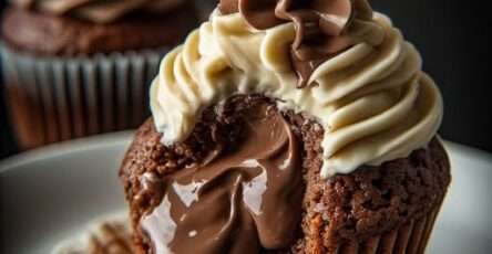 Cupcake au chocolat au cœur coulant garni de pâte à tartiner, surmonté d’un glaçage buttercream bicolore vanille et chocolat, avec nappage au chocolat fondu.