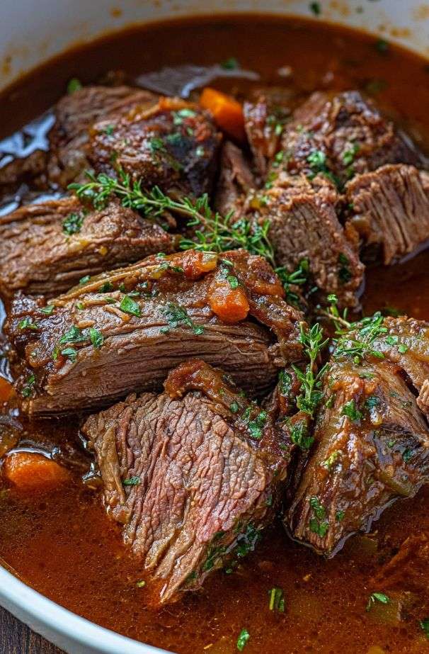Bœuf braisé à l’italienne servi dans une cocotte, viande fondante nappée de sauce au vin rouge avec carottes, céleri et herbes fraîches.