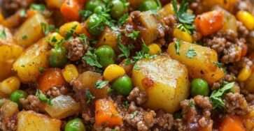 Hachis de bœuf aux légumes servi chaud, avec pommes de terre fondantes, carottes, petits pois et persil frais dans une poêle rustique.