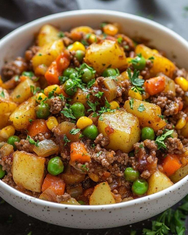 Hachis de bœuf aux légumes servi chaud, avec pommes de terre fondantes, carottes, petits pois et persil frais dans une poêle rustique.