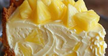 Cheesecake ananas sans cuisson, décoré de morceaux d’ananas juteux sur une crème blanche ultra crémeuse et une base biscuitée dorée.