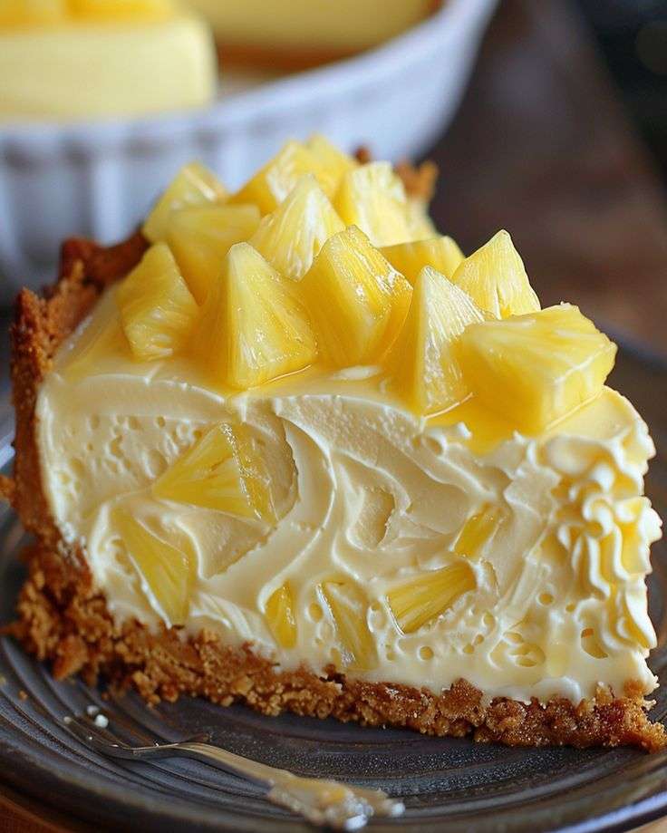 Cheesecake ananas sans cuisson, décoré de morceaux d’ananas juteux sur une crème blanche ultra crémeuse et une base biscuitée dorée.
