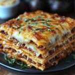 Plat de lasagnes bolognaises maison, bien gratinées au fromage, avec des couches fondantes de sauce tomate, viande hachée et béchamel.