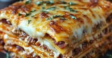 Plat de lasagnes bolognaises maison, bien gratinées au fromage, avec des couches fondantes de sauce tomate, viande hachée et béchamel.