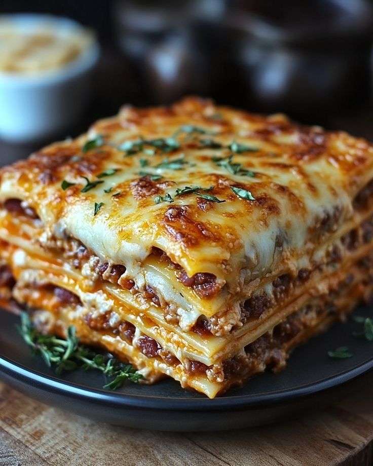 Plat de lasagnes bolognaises maison, bien gratinées au fromage, avec des couches fondantes de sauce tomate, viande hachée et béchamel.