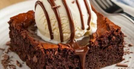 Brownie fondant au chocolat coupé en carrés, cœur moelleux et légèrement humide, servi avec glace vanille, sauce chocolat chaude et copeaux.