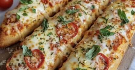 Baguette gratinée façon pizza sortie du four, garnie de sauce tomate, mozzarella fondante, rondelles de tomates fraîches, basilic et origan, servie chaude sur une planche en bois.