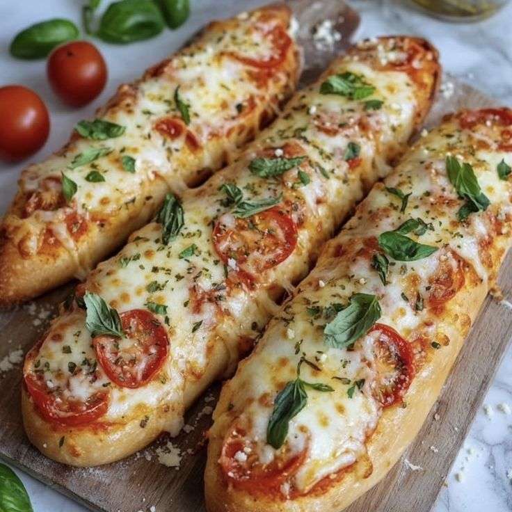 Baguette gratinée façon pizza sortie du four, garnie de sauce tomate, mozzarella fondante, rondelles de tomates fraîches, basilic et origan, servie chaude sur une planche en bois.