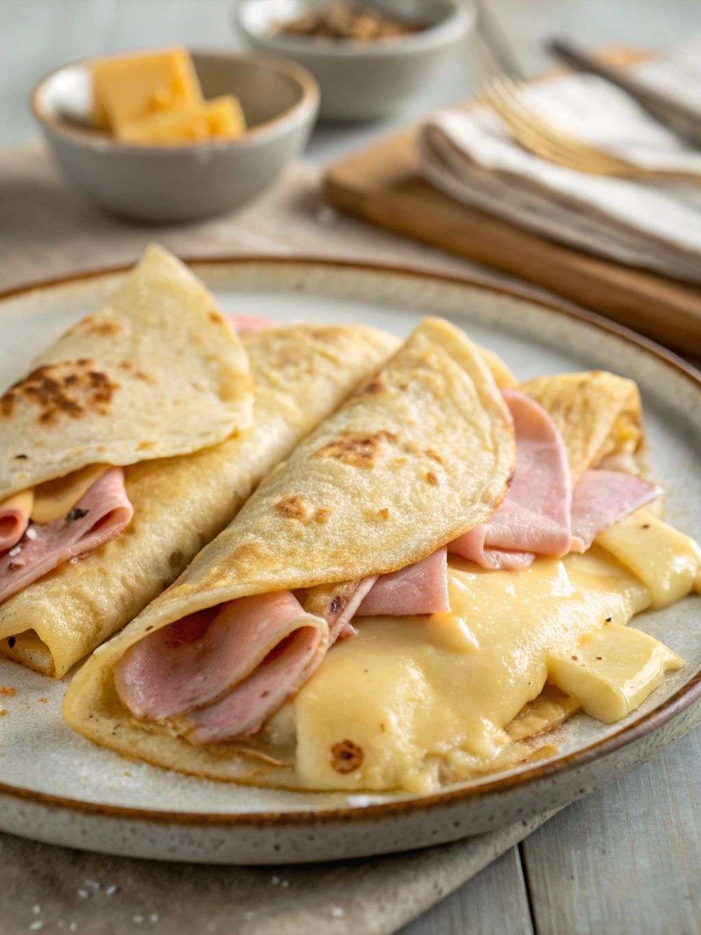 Crêpes salées au jambon et au fromage servies chaudes dans une assiette, garnies de fromage fondant, pliées en triangle, avec une texture dorée et moelleuse.