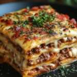 Lasagne à la bolognaise classique sortie du four, couches visibles de pâtes, viande, béchamel et fromage gratiné doré, servie chaude.