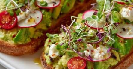 Tartines avocado toast garnies de feta émiettée, radis tranchés et tomates cerises sur pain grillé croustillant avec filet d’huile d’olive.