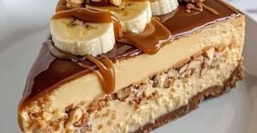 Cheesecake sans cuisson à la banane, nappé de caramel coulant et parsemé de cacahuètes croquantes sur une base biscuitée dorée.