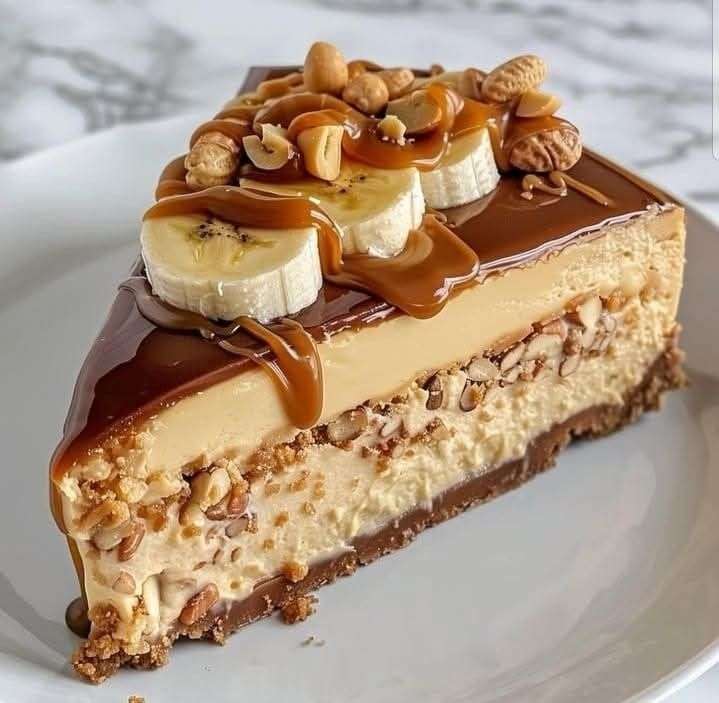 Cheesecake sans cuisson à la banane, nappé de caramel coulant et parsemé de cacahuètes croquantes sur une base biscuitée dorée.