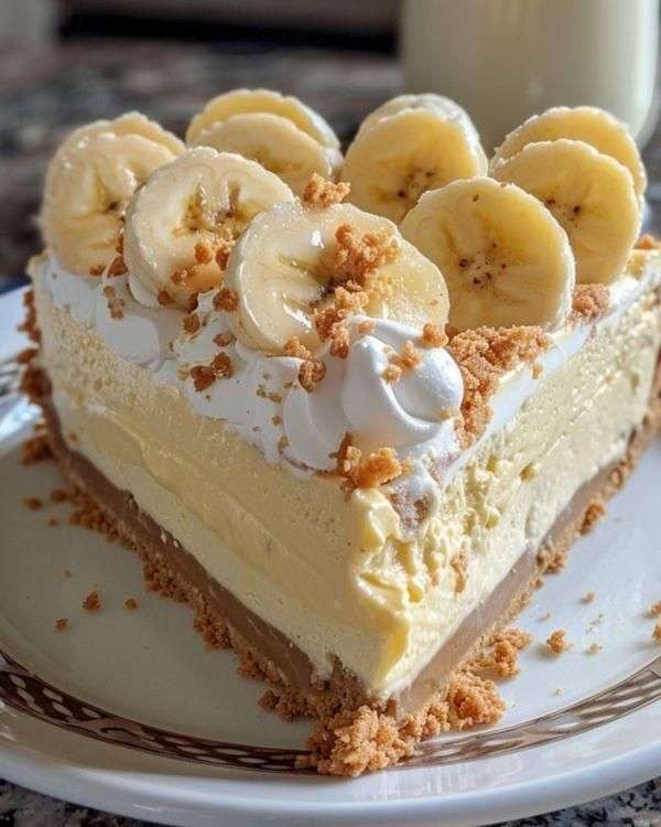 Cheesecake à la banane sans cuisson avec chantilly onctueuse, rondelles de banane fraîches et base biscuitée dorée et croustillante.