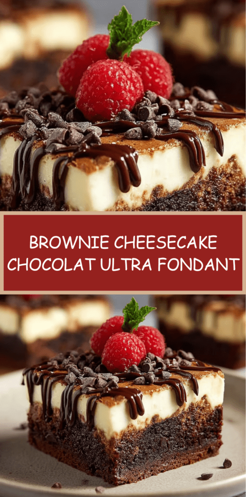 Brownie cheesecake au chocolat fondant coupé en carrés, avec une base brownie dense et une couche cheesecake marbrée, servi sur une assiette dessert