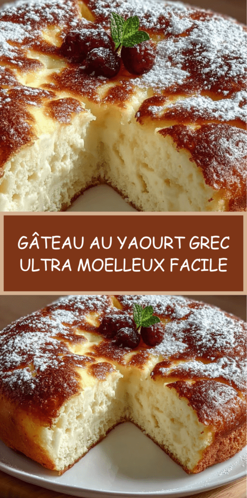 Gâteau au yaourt grec moelleux et doré, tranché sur une assiette avec une texture aérienne et fondante, légèrement saupoudré de sucre