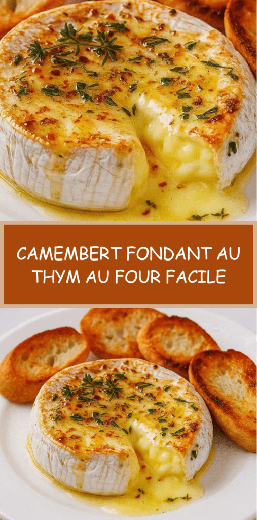 Camembert entier fondu au four avec thym et miel, servi dans sa boîte en bois avec morceaux de pain grillé pour tremper