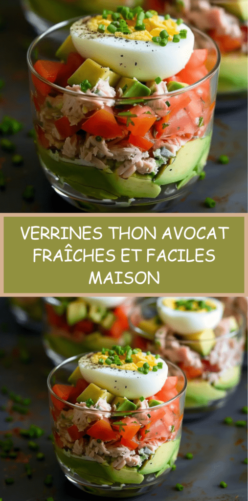 Verrines thon avocat en couches avec avocat écrasé, thon crémeux, dés de tomate et demi-œuf, décorées de ciboulette fraîche
