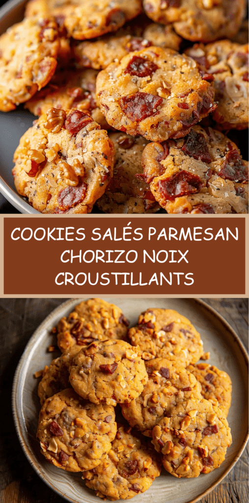 Cookies salés au parmesan chorizo et noix, dorés et croustillants, servis sur une planche avec morceaux visibles de chorizo et éclats de noix