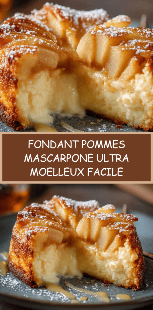 Gâteau fondant pommes et mascarpone, tranché avec une texture moelleuse et des lamelles de pommes visibles, servi sur une assiette dessert