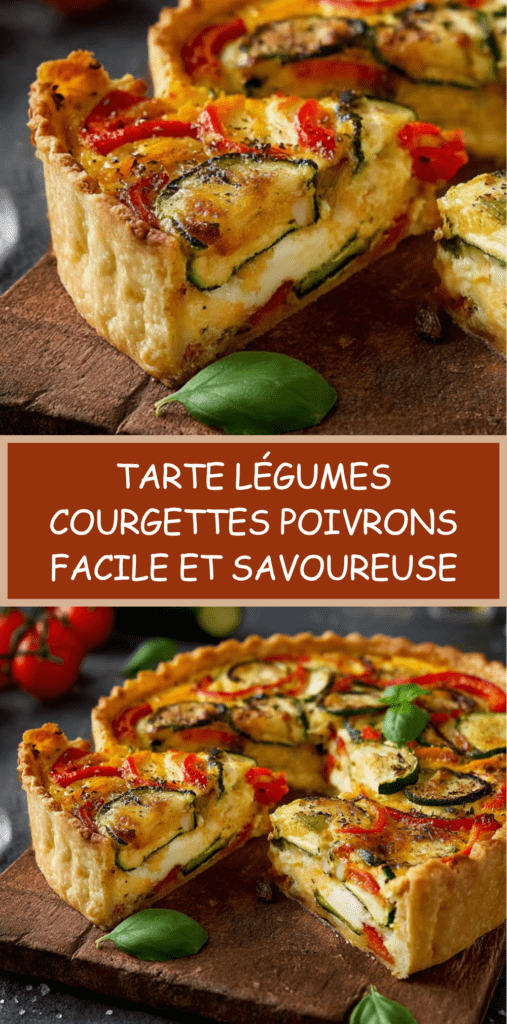 Tarte aux légumes courgettes et poivrons dorée au four, avec une garniture colorée et une pâte croustillante, servie en parts