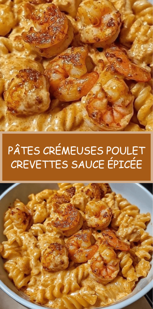 Assiette de pâtes crémeuses aux crevettes et au poulet, nappées d’une sauce épicée onctueuse, servies bien chaudes avec fromage fondu et assaisonnement doré.