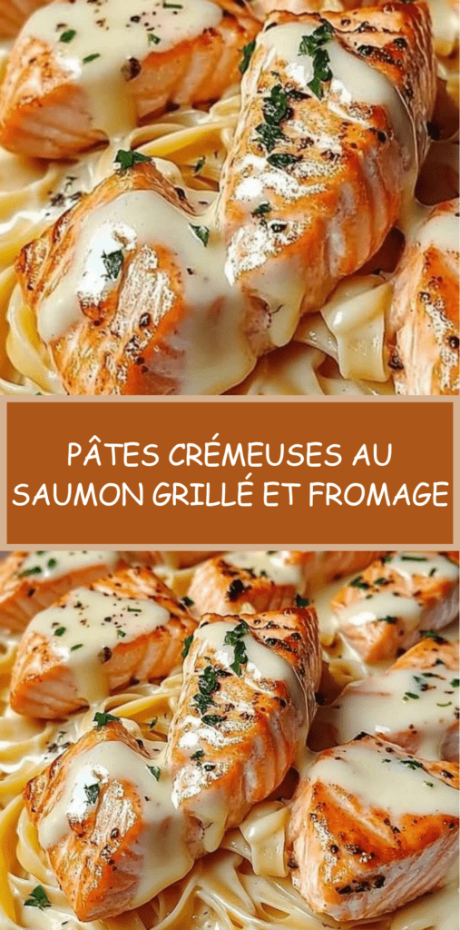 Assiette de pâtes crémeuses au saumon grillé nappées d’une sauce fromagère onctueuse, garnies de persil frais et servies bien chaudes.
