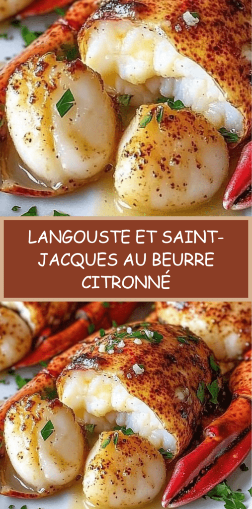Assiette de queues de langouste et noix de Saint-Jacques dorées nappées de beurre citronné, garnies de persil frais et servies élégamment.