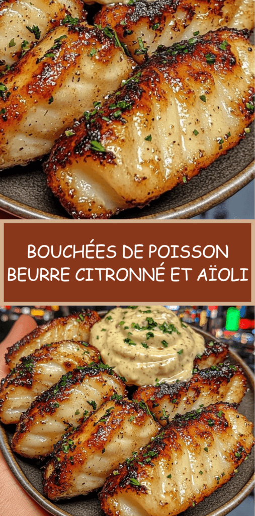 Bouchées de poisson blanc dorées nappées de beurre citronné, servies avec sauce aïoli crémeuse à l’ail et persil frais.