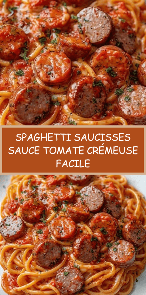 Assiette de spaghetti aux saucisses dorées nappées d’une sauce tomate crémeuse, garnies de parmesan râpé et de persil frais.