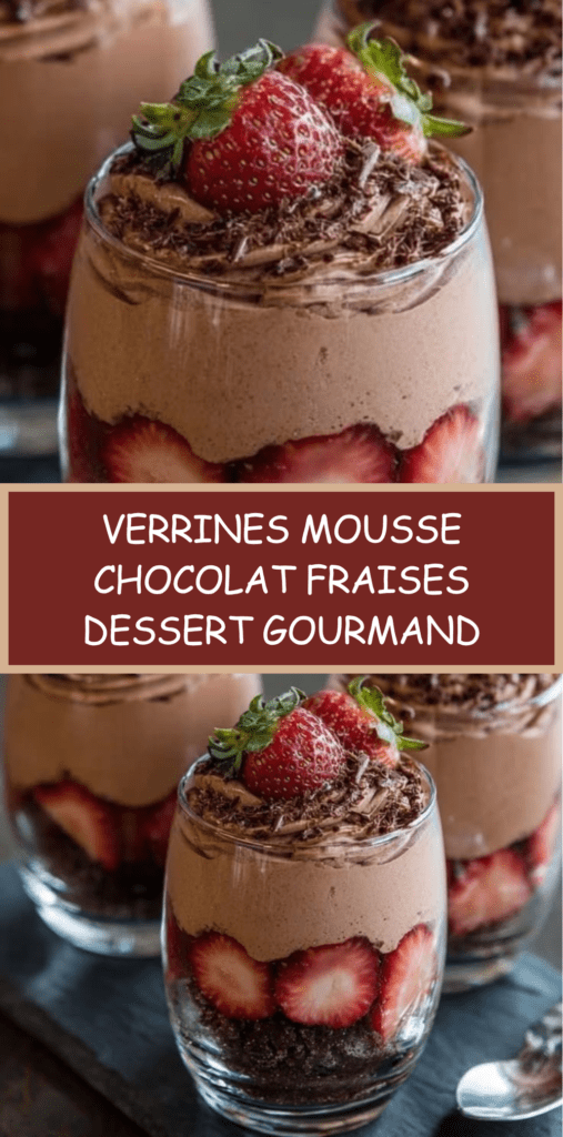 Verrines de mousse au chocolat garnies de fraises fraîches et base biscuitée croquante, décorées de copeaux de chocolat.