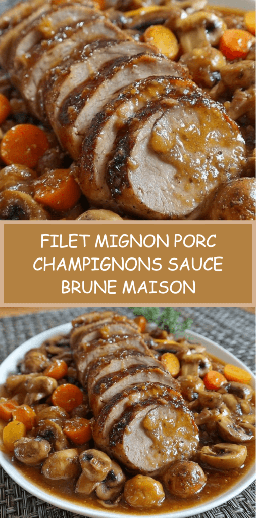 Filet mignon de porc tranché nappé de sauce brune avec champignons fondants et carottes, servi chaud avec persil frais.