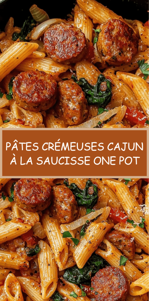 Assiette de pâtes crémeuses cajun à la saucisse fumée, préparées en one pot avec poivron, parmesan et persil frais, servies bien chaudes